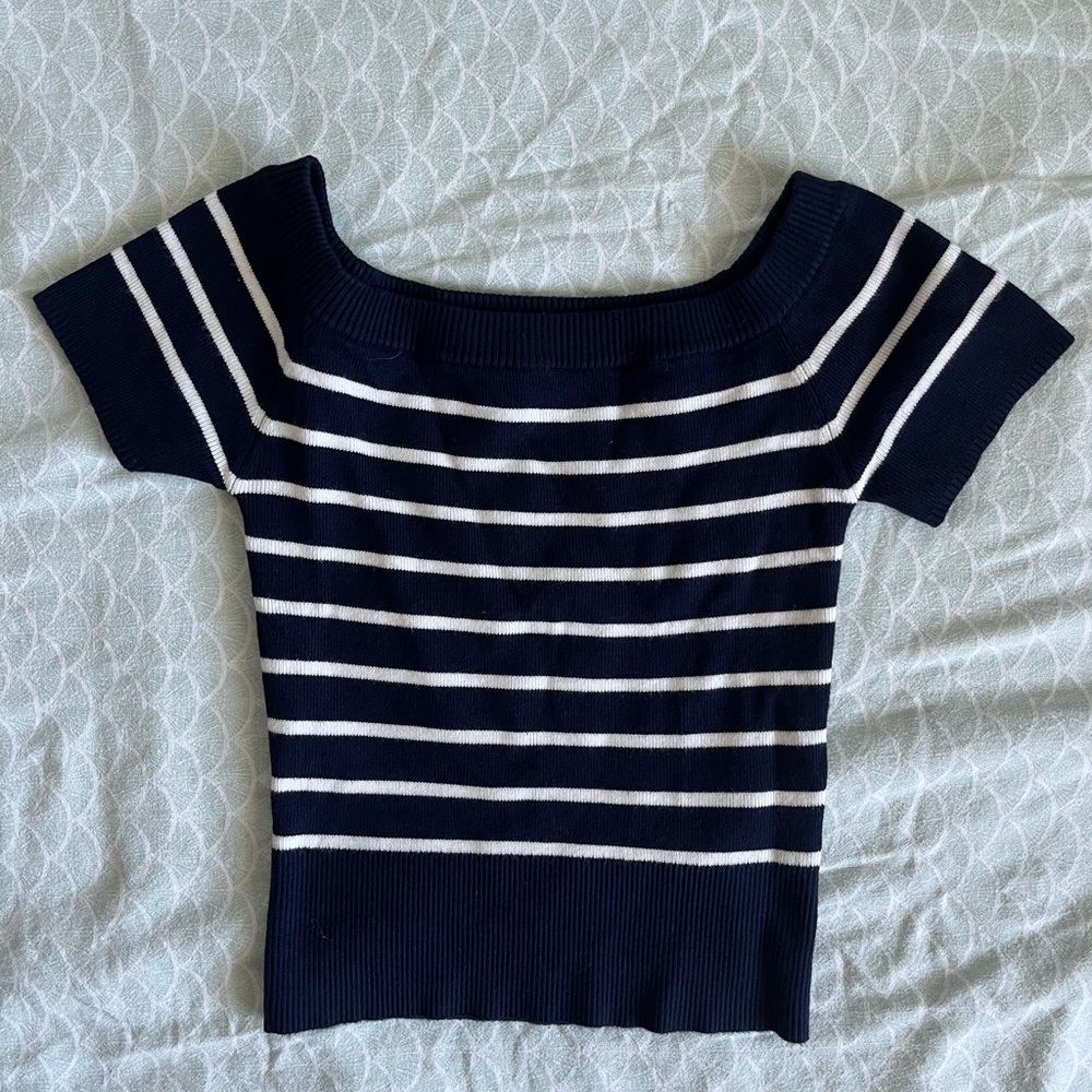 Garage Navy and White Striped Knit Off the Shoulder Top